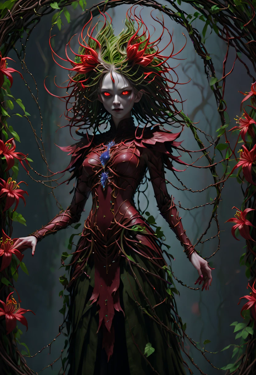 Ein magisches Mädchen, dessen Körper aus Ranken besteht, Pflanzenhexe，Weinkönigin，Hexe der Dornen，Ranken verflechten sich zu einer Mädchenskulptur，in Kleidung eingewebte Ranken，(Verrückte Reben kompliziert:1.3)，(Lycoris-Nahaufnahme:1.5)，Die Blume des anderen Ufers ist bezaubernd，Geheimnisvoller Manzhu Shahua，Blutige Geisterblumes blooming at the gate of hell，Die Seele ins Jenseits führen，Böser Charme，Kokett，Exzellent，Hexe Womloy Eisen Blume，Legierungsranken sind zu einem magischen Mädchen verwoben,Magical Girl hat Eisenblumen auf dem Kopf，Heavy-Metal-Stil，Metallkunst，Blume aus Eisen，Eisenblatt，Full metallic luster，Metalltextur im postindustriellen Zeitalter，Kunsthandwerk aus gedrehtem Legierungsdraht，goldene Blumen，Eisenblume，Silberne Blume，Ast aus Metall，ein Kristallanhänger，Smaragdeinlage，sorgfältig gefertigt，Perfekte Verarbeitung，Magischer Blitzhintergrund，blauer Blitz，Es gibt Feen，Kunst im dunklen Fantasy-Stil, dunkler Blumenschamane, dunkle Fantasy-Konzeptkunst, Bloodborne-Konzeptkunst, dunkle Konzeptkunst, Blutige Geisterblume, Digitale Konzeptkunst von Diablo, dunkler Fantasy-Kunststil, dunkle Blumen, 🌺 Vereinigung für Computergrafik, bloodborne art, Meisterstück，Kunststationen，Ultrarealistischer Realismus，Pflanzenhexe，Weinkönigin，Hexe der Dornen，photorealistic dunkle Konzeptkunst, Konzeptfilm, Reuven Tan，Gemälde einer Frau, die Weinreben webt und vor dem Teufel steht, Göttin des Todes, Autor：Helden, schöne Todesgöttin, schöne elegante Dämonenkönigin, Kunst im dunklen Fantasy-Stil, Porträt des Todes, Onmyoji detaillierte Kunst, Persephone as the Göttin des Todes, schöne Nekromantin, Unheilvolle Fantasy-Illustration