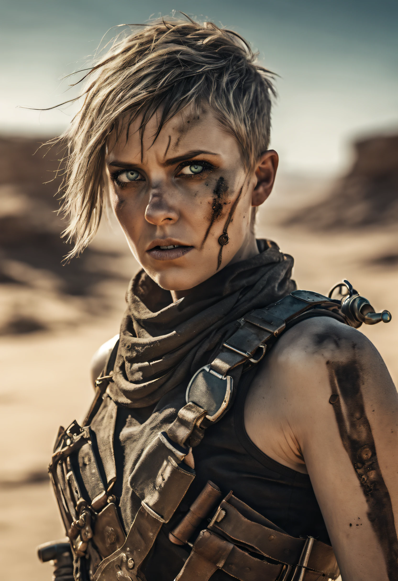 Furioso,Mad Max,mujer delgada con brazo robótico, cabello corto,cara pintada,medio negro,enormes ojos azules,ilustración,circunstanciado,Cara y ojos altamente detallados,fondo del desierto,expresión feroz,estilo distópico,Escala de colores:Contraste,iluminación discreta,Altas,arte conceptual,acción,post apocalíptico,corajudo,belleza dura,forza,Ferocidad,valentía,supervivencia,arena,polvo,Motocicletas,Guerrero del camino,tinta de guerra,Guerrero solitario,autorizado,Rebeldes,Fuerza en la adversidad,desafío,atrevido,determinado,El elegido,Tumba,Valiente,vigilante,inflexible,grano,sobrevivir contra todo pronóstico,robusto,implacable,corajudo,LÍDER,ingenioso,ropa andrajosa,peligroso,explosivo,aventura,emocionante,supremacia do deserto,dominio,calor abrasador,resistencia,héroe de la oscuridad,inquebrantable,confrontación,colores vívidos,Terreno dificil,heroína,energía,intenso,vigor,sacrificio,enfrentamiento épico,Cúpula del trueno,lleno de acción,mundo post-apocalíptico,adrenalina,Examen final,Persecución emocionante,paisaje implacable,soledad,sociedad post-colapso,páramos históricos,restos de civilización,belleza robusta,fin de los dias,una prueba de voluntades,Battle for supervivencia,guerra apocalíptica.