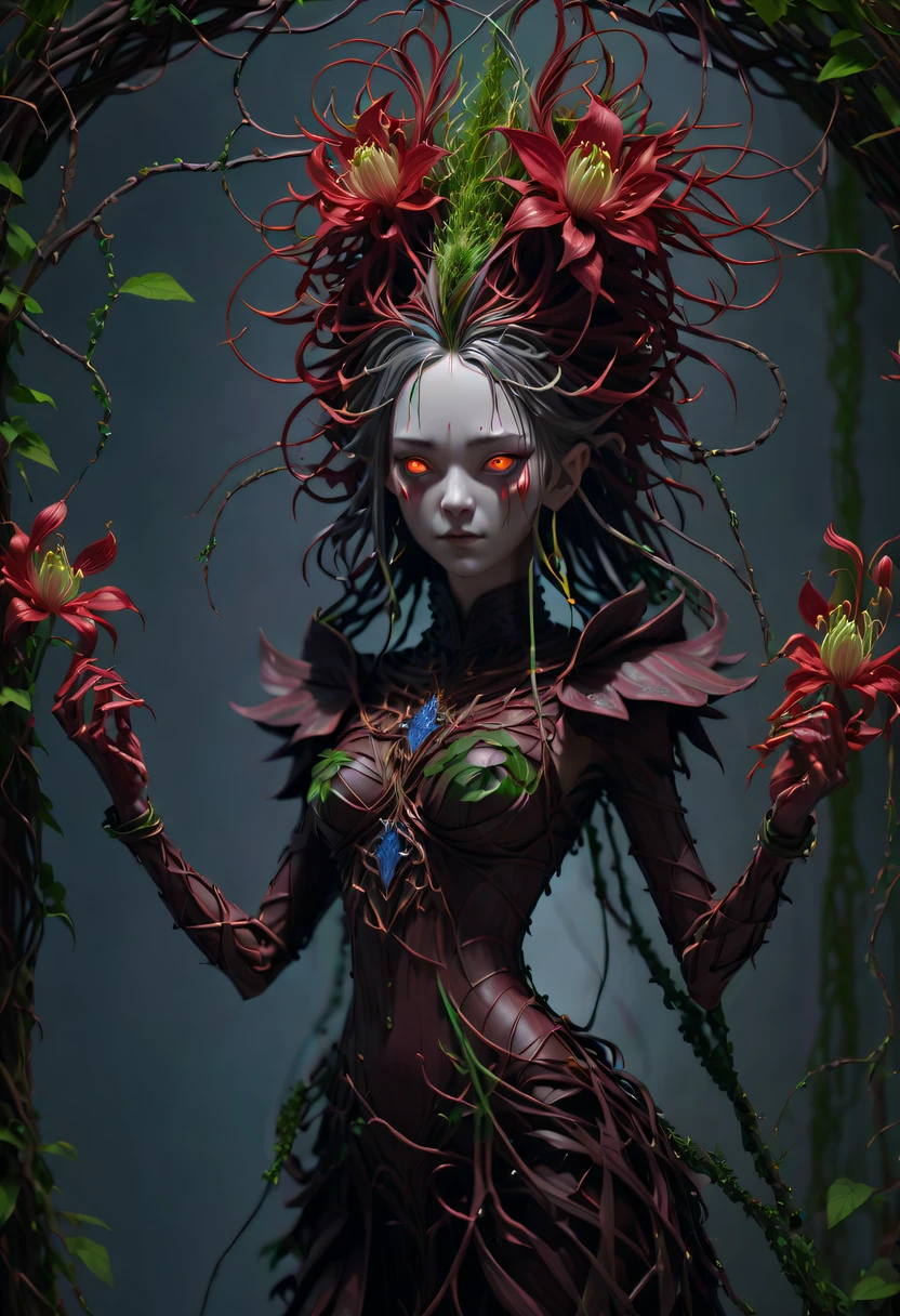 Ein magisches Mädchen, dessen Körper aus Ranken besteht, Pflanzenhexe，Weinkönigin，Hexe der Dornen，Ranken verflechten sich zu einer Mädchenskulptur，in Kleidung eingewebte Ranken，Verrückte Reben kompliziert，(Lycoris-Nahaufnahme:1.5)，Die Blume des anderen Ufers ist bezaubernd，Geheimnisvoller Manzhu Shahua，Blutige Geisterblumes blooming at the gate of hell，Die Seele ins Jenseits führen，Böser Charme，Kokett，Exzellent，Hexe Womloy Eisen Blume，Legierungsranken sind zu einem magischen Mädchen verwoben,Magical Girl hat Eisenblumen auf dem Kopf，Heavy-Metal-Stil，Metallkunst，Blume aus Eisen，Eisenblatt，Full metallic luster，Metalltextur im postindustriellen Zeitalter，Kunsthandwerk aus gedrehtem Legierungsdraht，goldene Blumen，Eisenblume，Silberne Blume，Ast aus Metall，ein Kristallanhänger，Smaragdeinlage，sorgfältig gefertigt，Perfekte Verarbeitung，Magischer Blitzhintergrund，blauer Blitz，Es gibt Feen，Kunst im dunklen Fantasy-Stil, dunkler Blumenschamane, dunkle Fantasy-Konzeptkunst, Bloodborne-Konzeptkunst, dunkle Konzeptkunst, Blutige Geisterblume, Digitale Konzeptkunst von Diablo, dunkler Fantasy-Kunststil, dunkle Blumen, 🌺 Vereinigung für Computergrafik, bloodborne art, Meisterstück，Kunststationen，Ultrarealistischer Realismus，Pflanzenhexe，Weinkönigin，Hexe der Dornen，photorealistic dunkle Konzeptkunst, Konzeptfilm, Reuven Tan，Gemälde einer Frau, die Weinreben webt und vor dem Teufel steht, Göttin des Todes, Autor：Helden, schöne Todesgöttin, schöne elegante Dämonenkönigin, Kunst im dunklen Fantasy-Stil, Porträt des Todes, Onmyoji detaillierte Kunst, Persephone as the Göttin des Todes, schöne Nekromantin, Unheilvolle Fantasy-Illustration