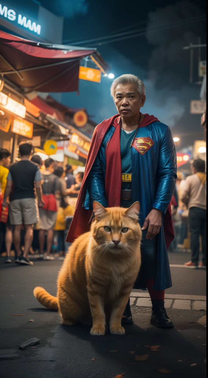 a 70 years old malay man in superman costume outfit standing in front of a bustling crowded night market holding a yellow big fluffy cat, night, serious face, nighttime, in superman movie style, hyper - realistic photography, dramatic effect, smoke effect in background, dark color grading, full body, 8k, close - up shot, extreme close - up photo