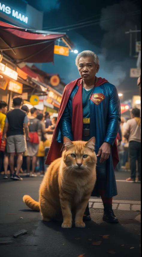 a 70 years old malay man in superman costume outfit standing in front of a bustling crowded night market holding a yellow big fl...