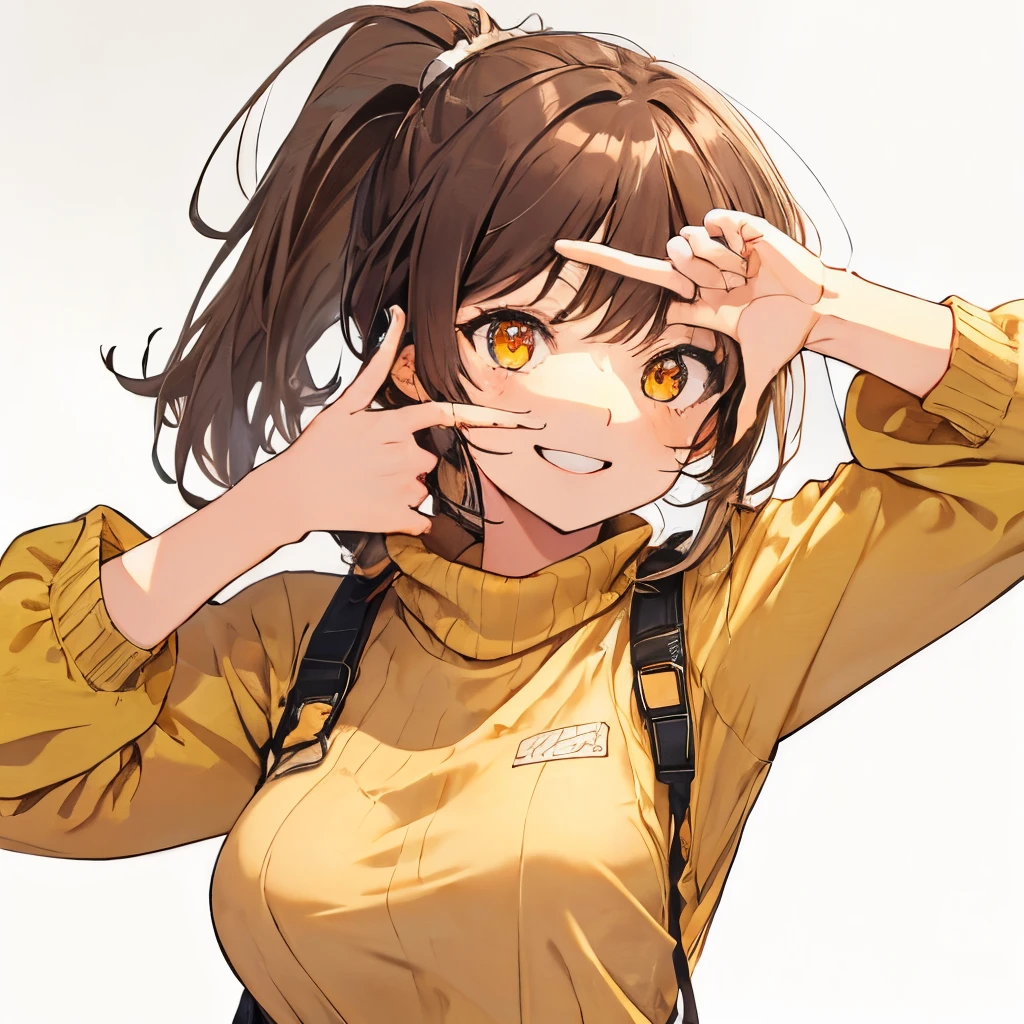 【Highest Quality, masutepiece】 [girl, Manteau, expressioness,deep orange eyes, front facing,dark brown hair,long ponytail hair,yellow knit cloth, Upper body] (Gray white background:1.2),very happy smile,,