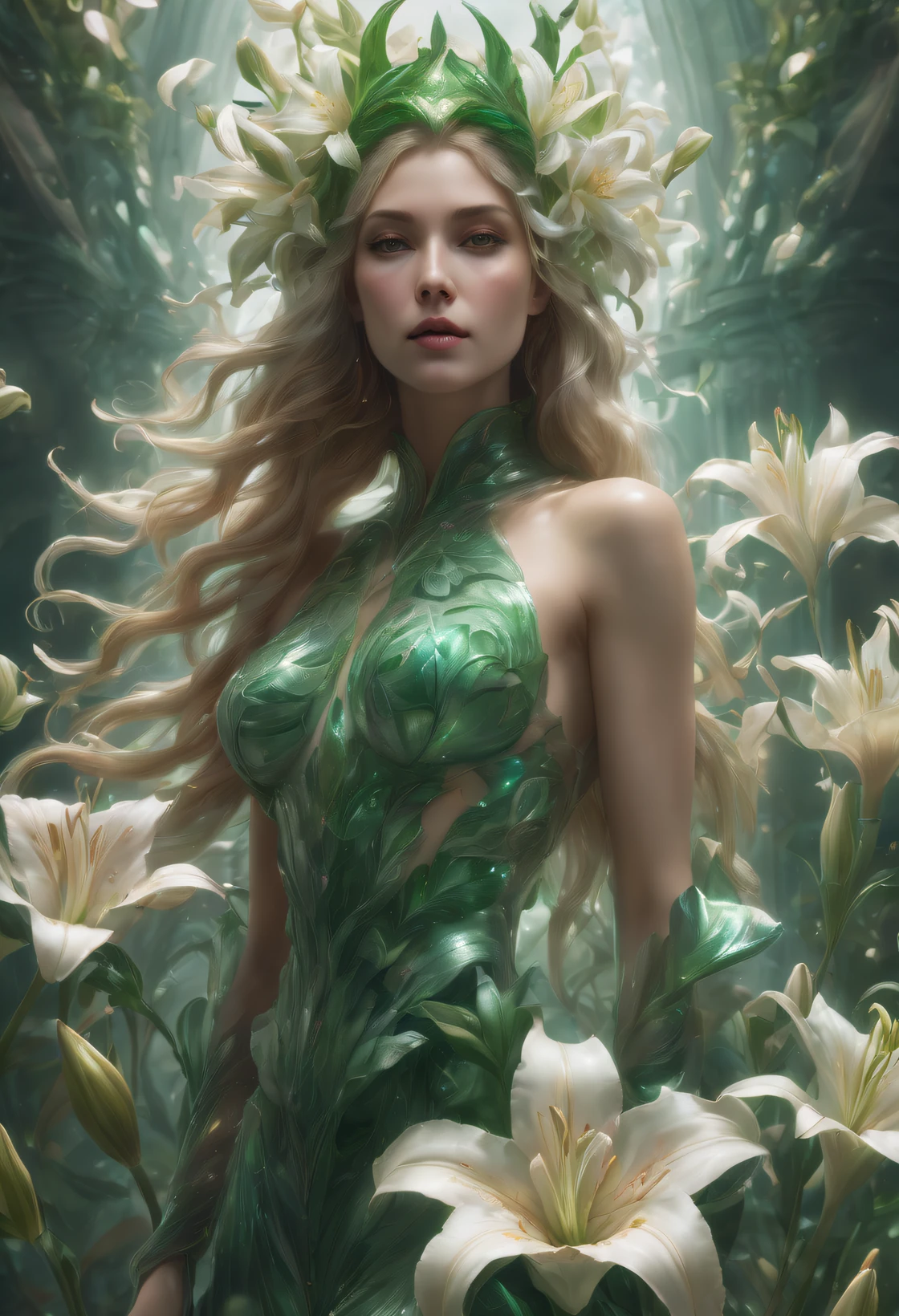 double contact，（Girl with lilies all over her body and head），（the lilies：1.37），emerald and white，,Rendered by Octane，unreal-engine，rococo，Ethereal，Full of fairy，Fantasyart，Surreal