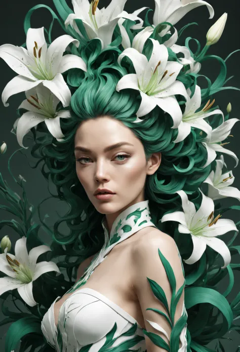 Brian Jungen (Brian Jungen) styled，double contact，（Girl with lilies all over her body and head），emerald and white，,Rendered by O...