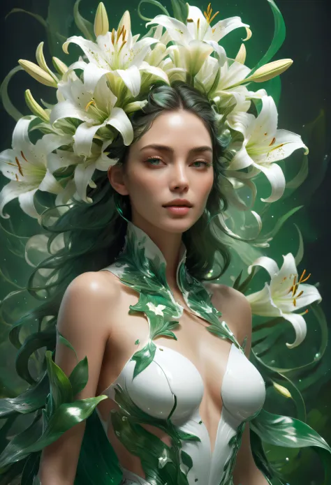 double contact，（Girl with lilies all over her body and head），（the lilies：1.37），emerald and white，,Rendered by Octane，unreal-engine，rococo，Ethereal，Full of fairy，Fantasyart，Surreal