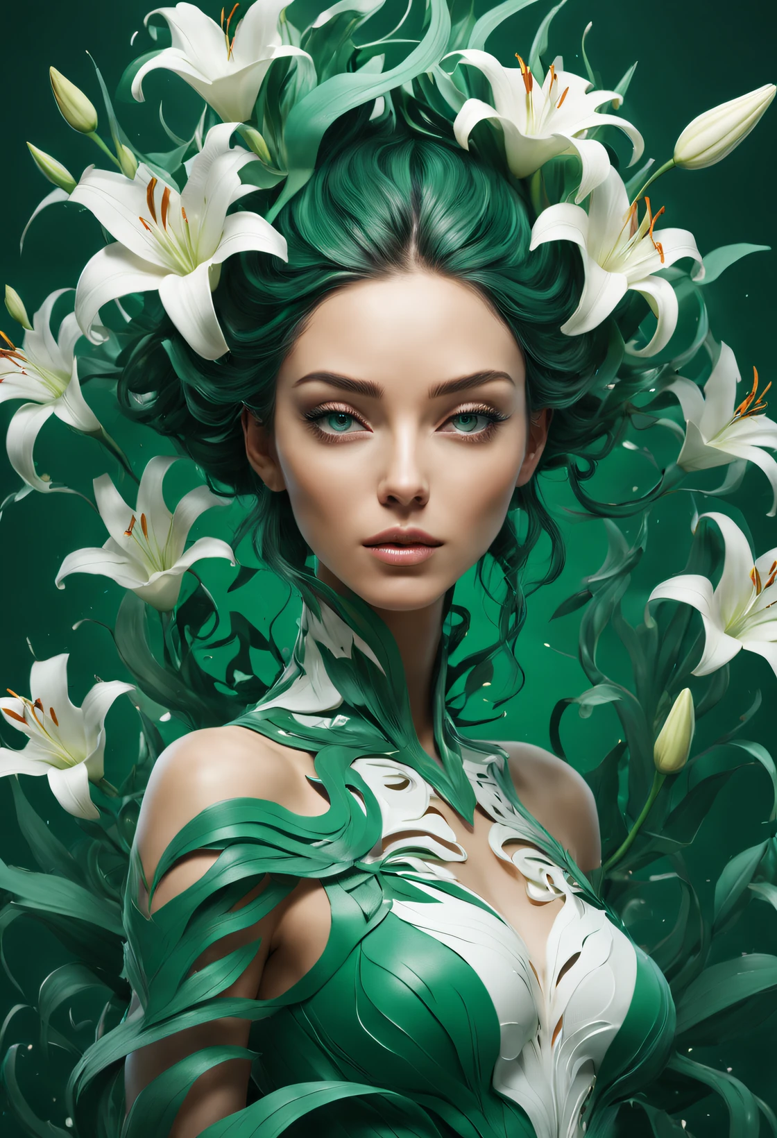 beth hamity style，double contact，（Girl with lilies all over her body and head），emerald and white，,Rendered by Octane，unreal-engine，Rococo paper cutting，Fantasyart，Surreal