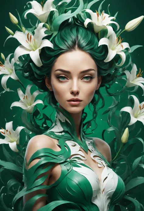 beth hamity style，double contact，（Girl with lilies all over her body and head），emerald and white，,Rendered by Octane，unreal-engi...