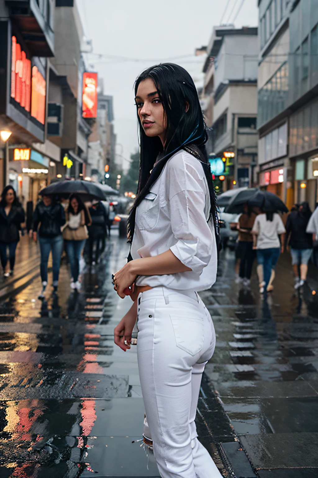 Woman in white shirt and white pants walking down a wet