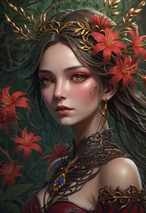 The vines weave into a girl,(Lycoris close-up:1.5)，Flower of the other shore is charming，Mysterious Manzhu Shahua，Bloody ghost flowers blooming at the gate of hell，Leading the soul to the afterlife，Evil charm，Flirtatious，Excellent，witch womloy iron flower，...