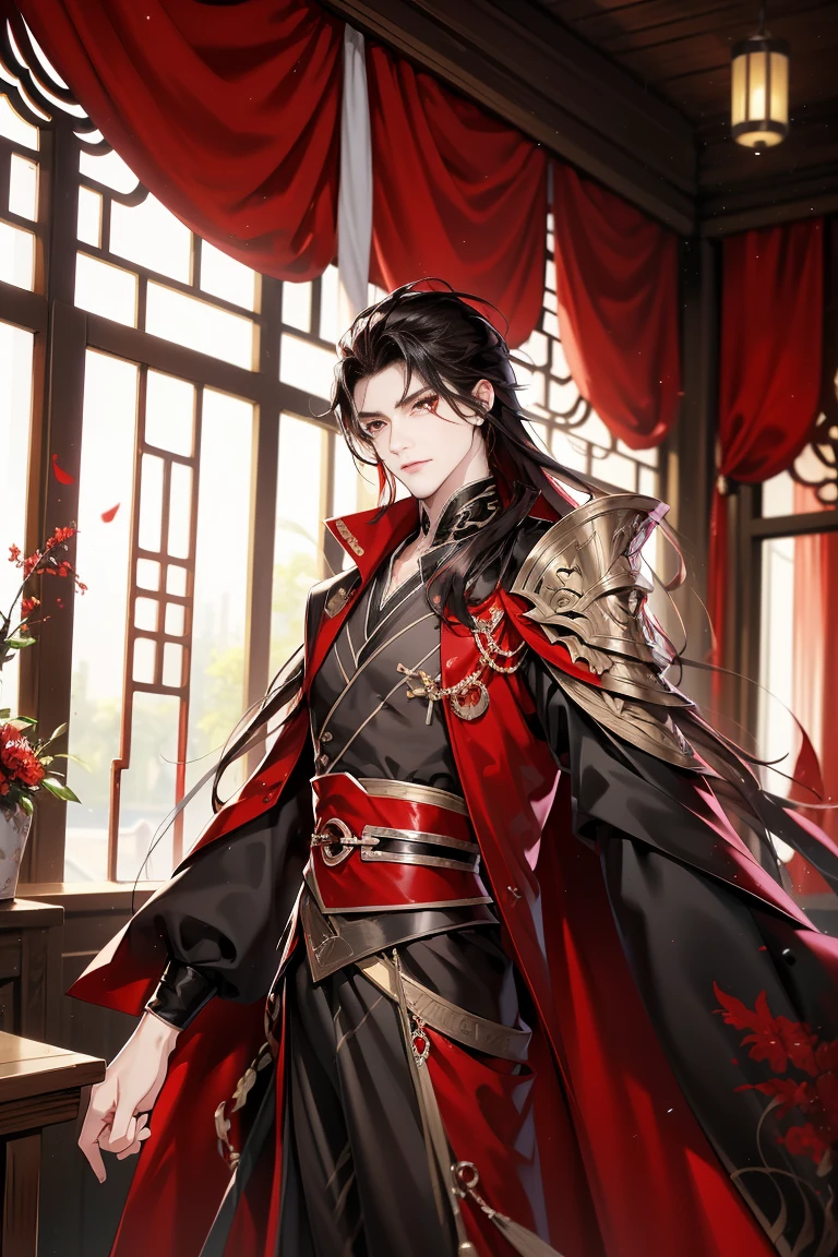 vampire man, Hanfu, Luxurious uniform black clothes，Shoulder armor，goth style（Shooting from front）hold your arm，cabelos preto e longos, red eyes，natta，asian architecture interior，Carved wooden windows，Pink gauze curtain，Best quality at best，16k,tmasterpiece，