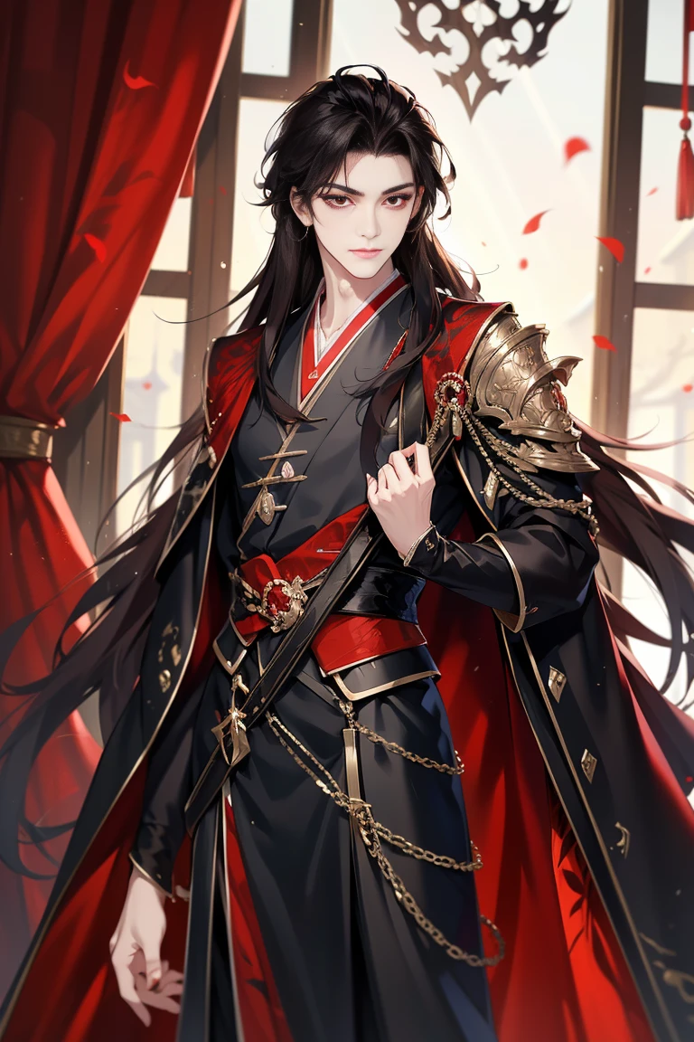 vampire man, Hanfu, Luxurious uniform black clothes，Shoulder blades，goth style（Shooting from front）hold your arm，cabelos preto e longos, red eyes，natta，asian architecture interior，Carved wooden windows，Pink gauze curtain，Best quality，16k,tmasterpiece，