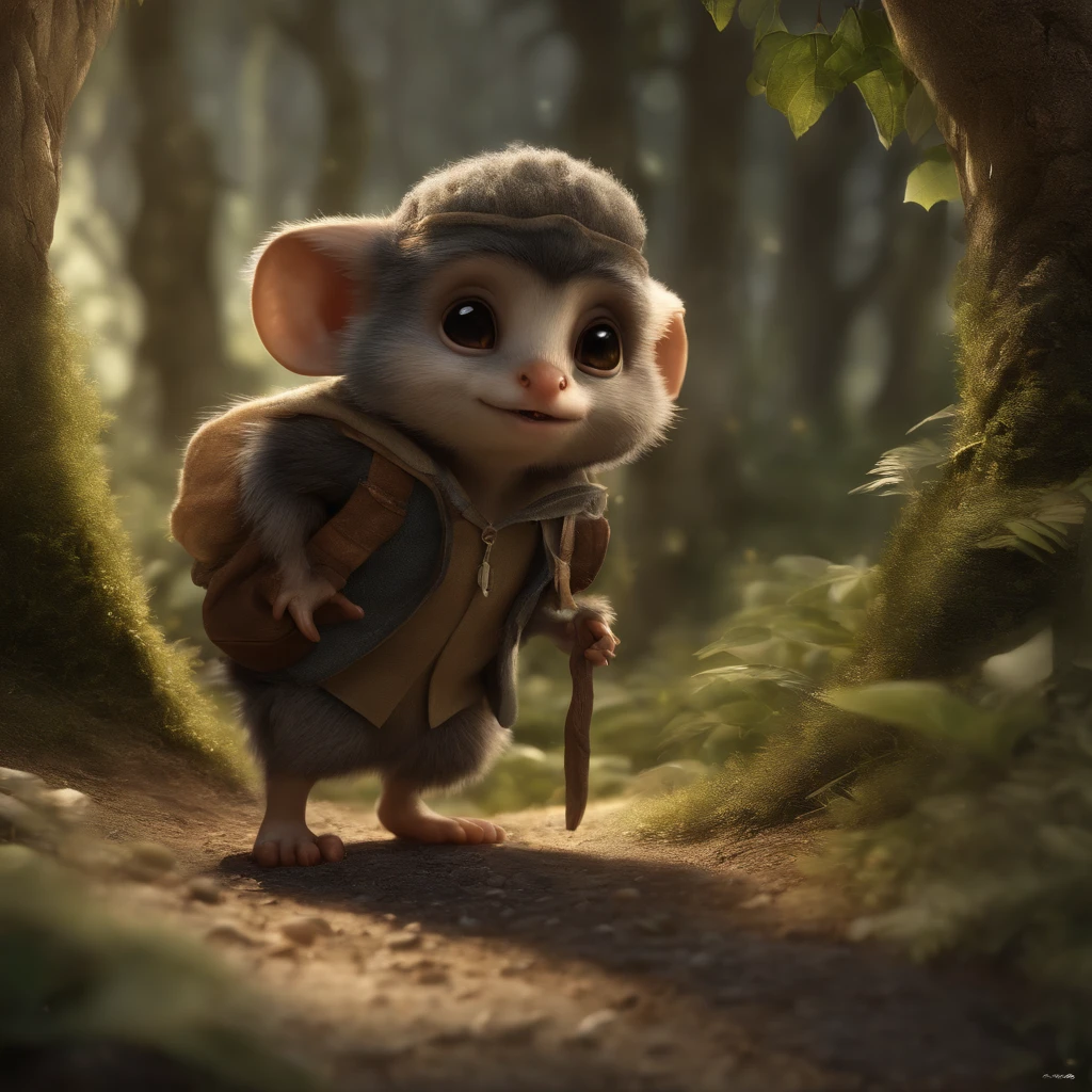 (nffsw:1.25),gremlin, fantasy-inspired, in style of dark fantasy art, fairy tale style hobbit style, in the style of John Tolkien, looks like a creature wearing clothes, ,Gremlins look like moles((taupe)),  I&#39;m going down the hill, collect nuts, rain is falling, Huge ears, long and cute nose, small tail, 5 toes, wear a hooded vest,  wearing a backpack, Detailing, hobbit style house, walk along the road, collect nuts,  gremlin style mall, Gremlin goes to the hill to collect peanuts, holding a large acorn in his foot, nffsw,Cute, Small, Baby, Beautiful, Fantasy Art, Deviant Art, trend artstation, Digital Art, Detailed, Realistic, Humanoid, Character, Tiny, cinematic shot, Cinematic portrait of a fairy mole, cute character, looks like a gremlin, looks like a mole,    ,gremlin, like a mole, bright silver and brown, small tail, big earing , long and cute nose,In summer, wear a hooded vest, covered with silver fur, holding a large acorn in his foot, Water, Holes, tree roots sticking out from the wall of the hole,  mushrooms sticking out of the ground, Best Quality, masutepiece, in style of dark fantasy art,真实感, Realism, tmasterpiece, brad johnson walks through the jungle (Night of Fireflies), (ighly detailed: 1 1), rough face, Natural Skin, hiquality, NSFW, Pretty eyes, (Detailed face and eyes), (s face: 1 2), uproar, Finish up, realphoto, ............PSD, lightweight film photography, foco nítido, Contrast lighting, Detail skin, High resolution 8K, Crazy details, Realistic, Professional Photos, 8K UHD, Digital SLR, Soft light, hiquality, film grains, FUJI XT3, dark fantasy style, Fairytale style, In the style of Yenteschi, in fairy tale style, Assassin style,