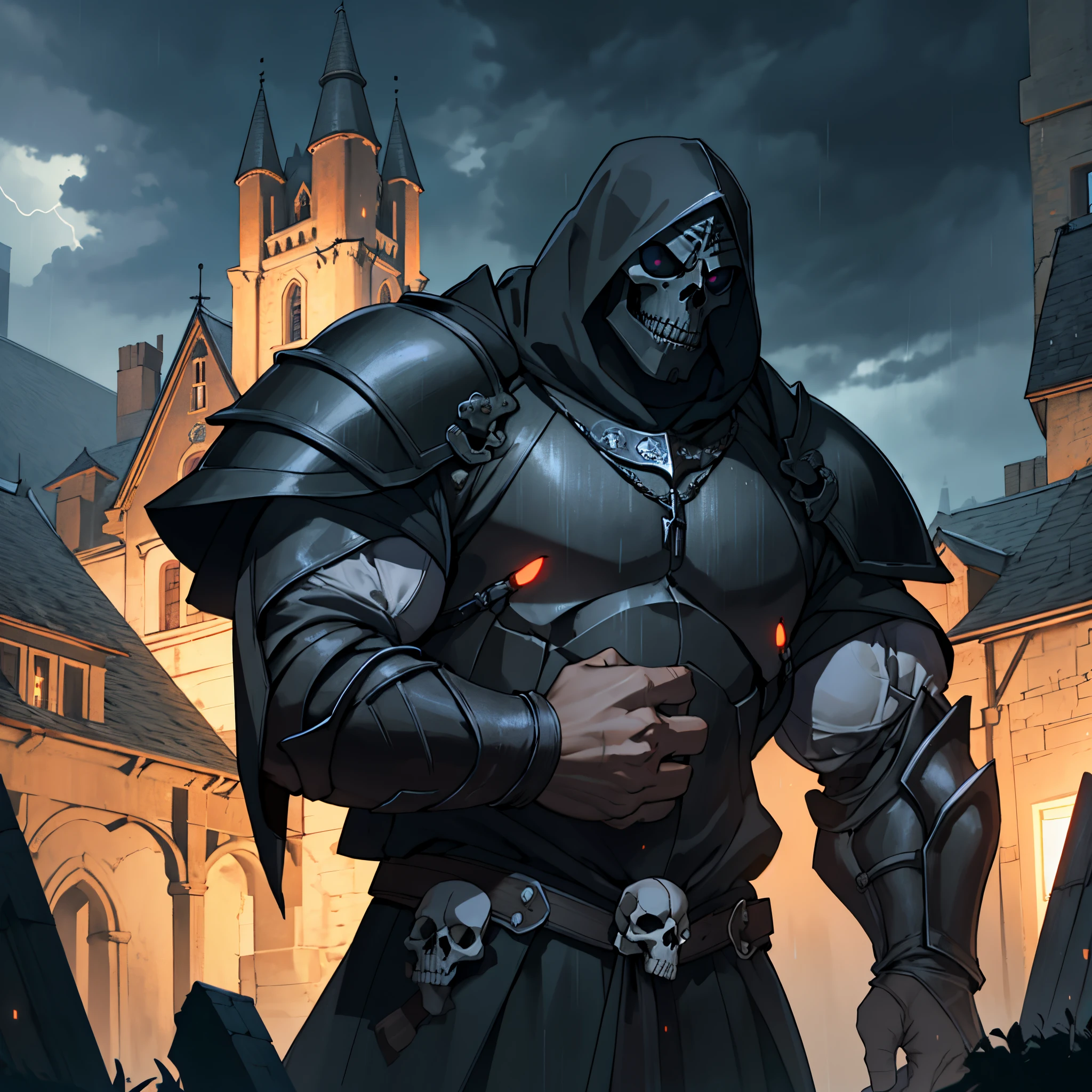 ​masterpiece, Best Quality, person upper body, detailed, 4k, Cinematics, Background with: Inside the illuminated medieval village in front of the medieval castle on a rainy night, dark clouds, thunderstorm, Very tall black knight wearing black steel armor and skull mask.