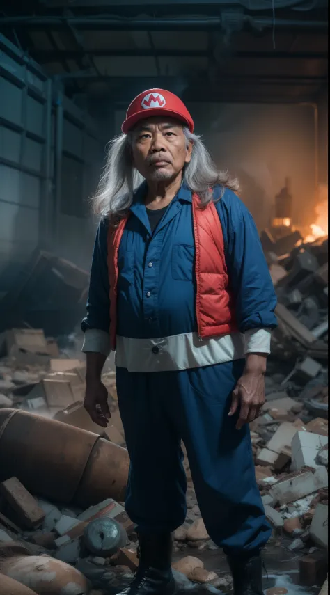 a 70 years old malay man in super mario costume outfit with long rock band hair standing in waste disposal site, night, serious ...