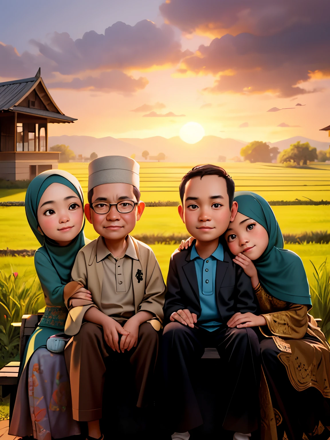 there are three people sitting on a bench in front of a field, an indonesian family portrait, muslim family, happy family, family portrait, potrait, full protrait, classic portrait, high quality portrait, traditional art, portrait shot, with sunset, cartoon digital painting, traditional portrait, caricature illustration, portrait picture, cartoon digital art, realism artstyle