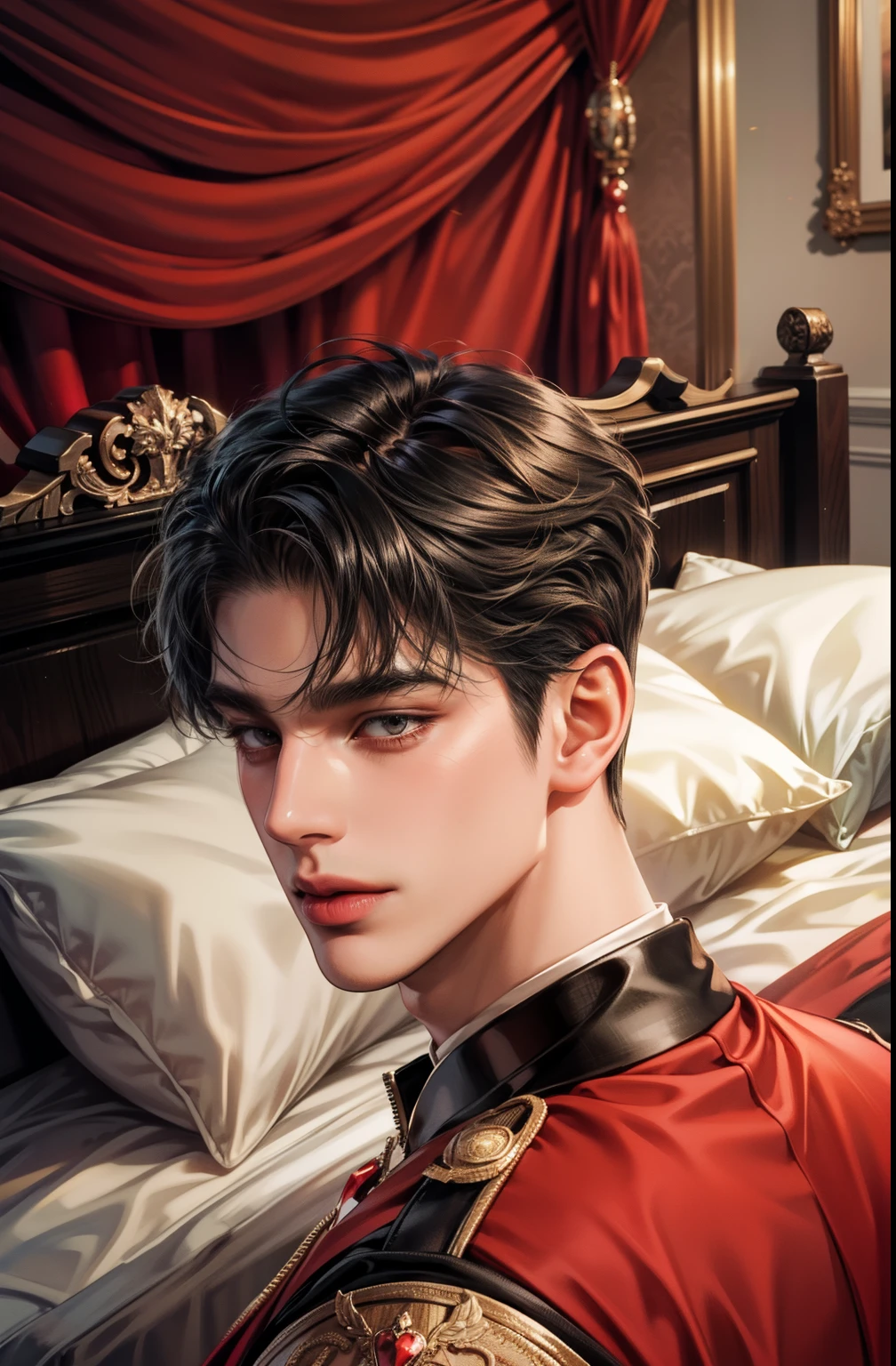 Masuter Piece，ultra-definition，handsome boy, soft black short hair，No people, Beautiful and accurately depicted bodies and faces, Red blush, love hotel bed