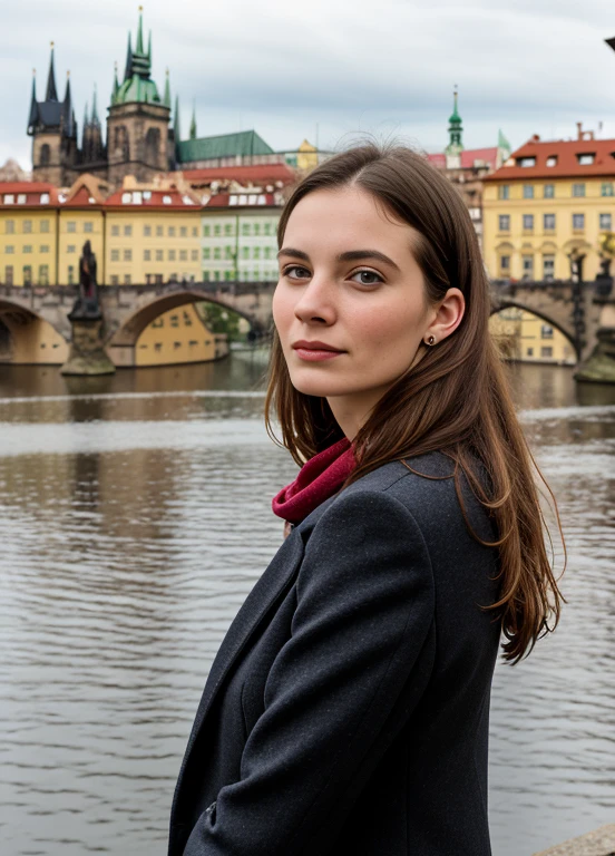 portrait of sks woman in Prague, at the Charles Bridge, by Flora Borsi, style by Flora Borsi, bold, bright colours, ((Flora Borsi)), by Imogen Cunningham,