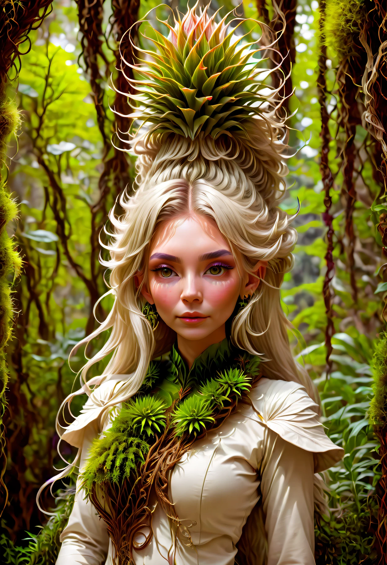 식물 소녀, (신선한 식물로 만든 아름다운 소녀), (복잡하게 땋은 틸란드시아로 만든 옷을 입는다:1.3), 공상, 길고 하얀 카레 머리, 자작나무 숲, 식물, 아름다운 환각, 어느 한 쪽:1.2