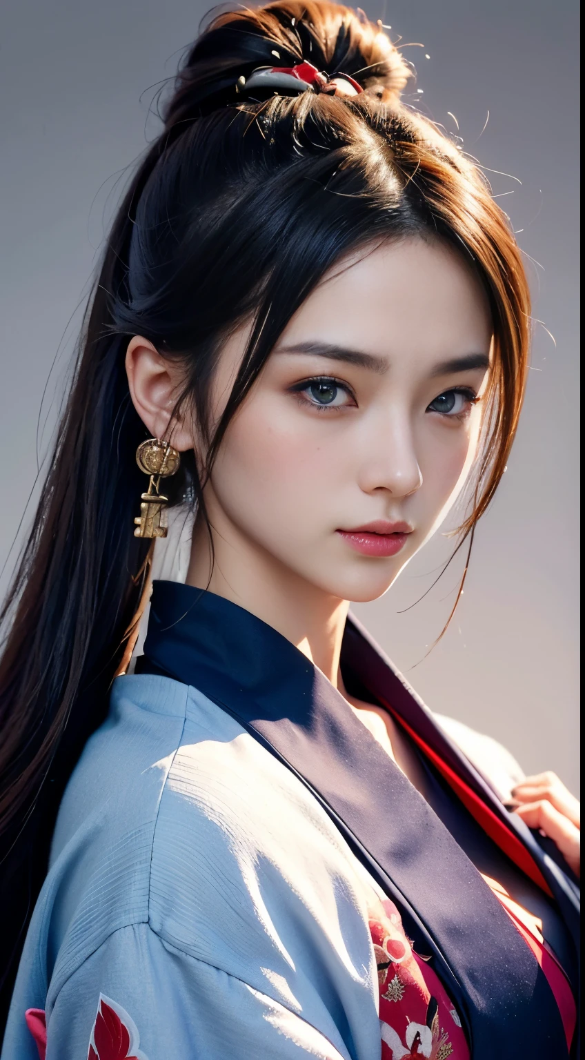 ((Best Quality, 8K, masutepiece:1.3)), 1girl in, Slim Abs Beauty:1.3, (casual hairstyle, Big breasts without leakage: 1.2), japanese kimono: 1.1, Super fine face, Delicate eyes, Double eyelids, Shyness, Dynamic Pose, Smile, Anime girl with gray brown hair and blue eyes holds a fan。, , The feminization of the key art of Xart Krenz, samurai detail art, female samurai portrait, Detailed Digital Anime Art, high detail official artwork, detailed anime art, Portrait of a female anime hero, woman samurai