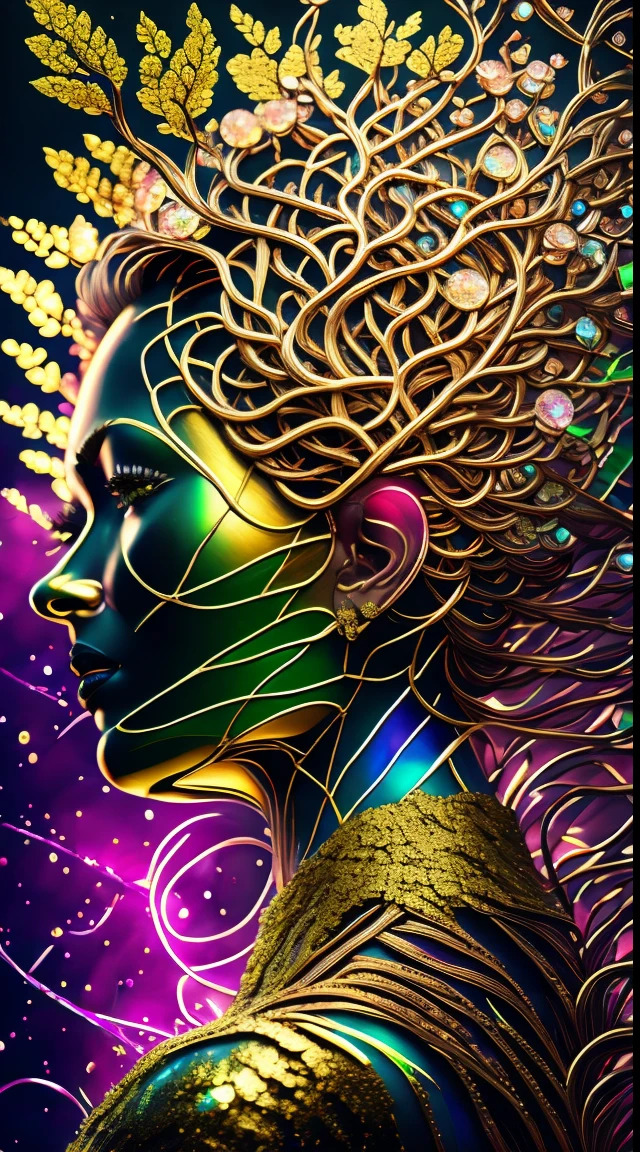 Beautiful line art photo，Use gold strokes and rainbow paint，Golden Maiden，the golden ratio，Melted wax，Visible brush strokes，surrounded by crystal spheres，3D Mosaic Wireframe，neuroimaging，neurons，The Tree of Life，colours，California，intense emotion，oil on the canvas，Thick strokes，insanely details，8k ultra high definition，tmasterpiece，art  stations，ultra-realistic realism，Plant Witch，Vine Queen，Witch of Thorns