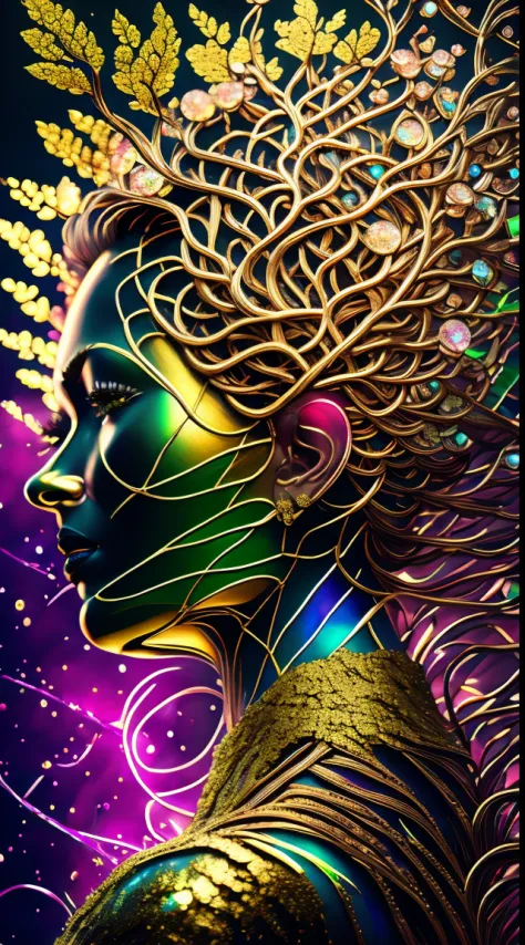 Beautiful line art photo，Use gold strokes and rainbow paint，Golden Maiden，the golden ratio，Melted wax，Visible brush strokes，surr...