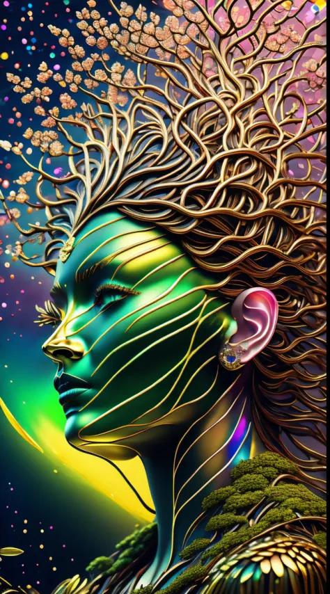 Beautiful line art photo，Use gold strokes and rainbow paint，Golden Maiden，the golden ratio，Melted wax，Visible brush strokes，surr...