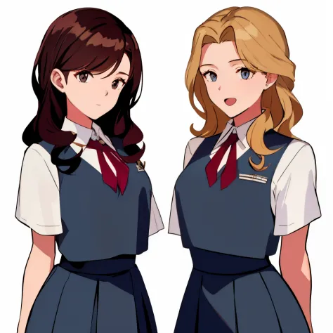 2girls, duo, twins, school uniforms, mature woman, brown hair, blonde hair, long curly hair, hair down, hazel eyes, white background