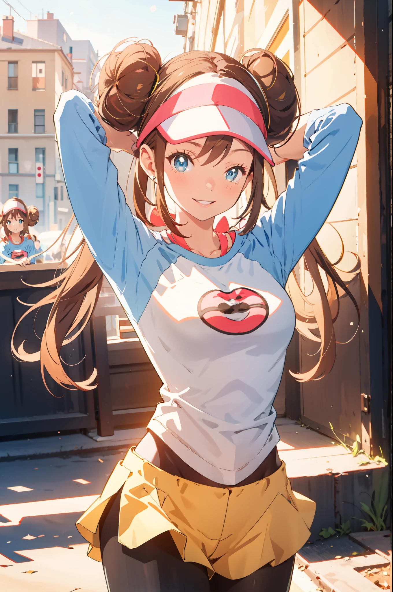 perfect eyes:1.2, detailed eyes:1.4, ro1, hair bun, smile, one eye closed:1.2, arms behind head:1.4, parted lips, long hair:1.4, visor cap, pantyhose, raglan sleeves, yellow shorts, shirt, pink bow, wristwatch, blue eyes, twintails, cowboy shot, 1girl, solo, (masterpiece:1.6, best quality), 8k, insane details, intricate details, hyperdetailed, hyper quality, high detail, ultra detailed, professional, HDR, ray tracing reflection, cinematic lighting,