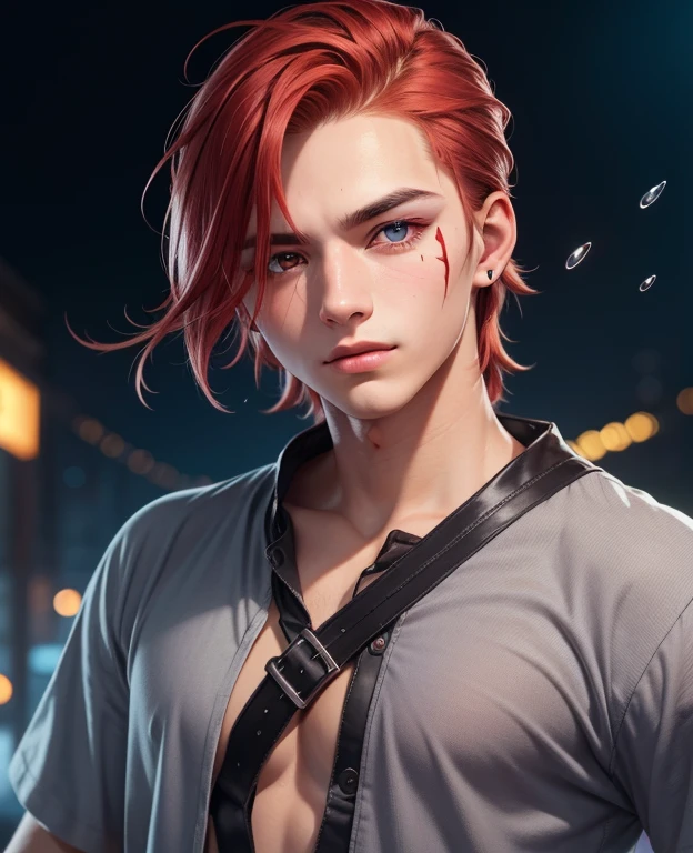 (high resolution:1.2),detailed (portrait:1.1),vibrant colors,cinematic lighting,red hair,red eyes,dark eyebrows,slanted eyes,teardrop tattoo (under left eye),youthful appearance,open-chested Y-shirt,confident expression,20-year-old male