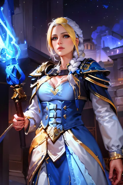 woman in a blue and white dress holding a blue cane., jaina proudmoore, retrato de una maga, maga femenina, retrato de un mago, ...