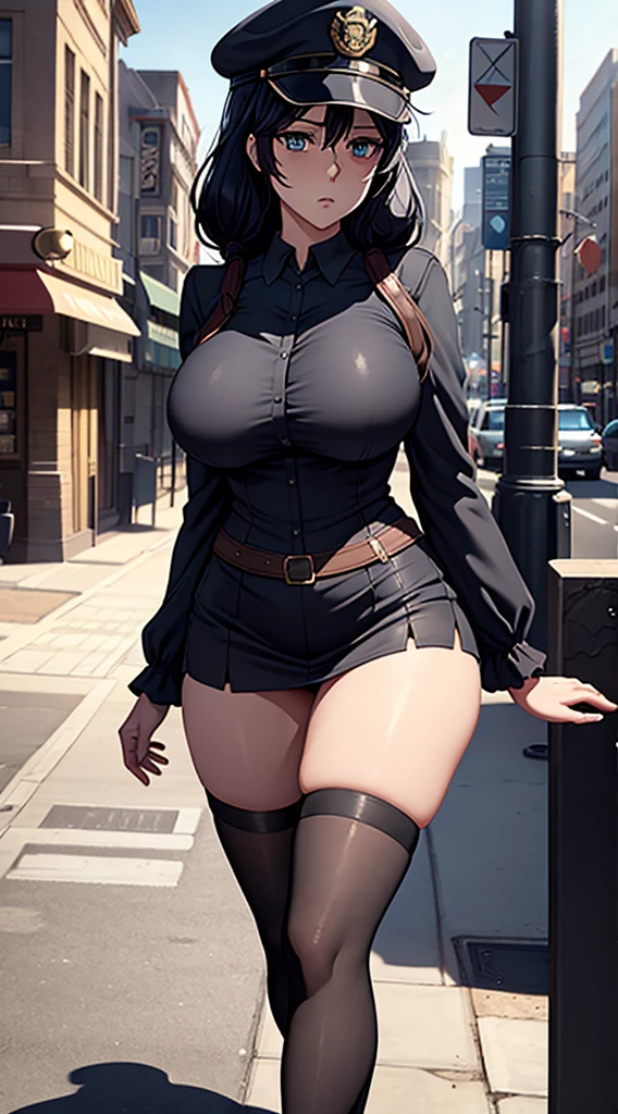 Long black hair, police dress, massive sized boobs, thigh legs, police cap on her head,short police skirt, standing,blue colour eyes,ultra realistic detailed blue eyes, beautiful and perfect face, city street background, Violet Evergarden's hairstyle, black hair