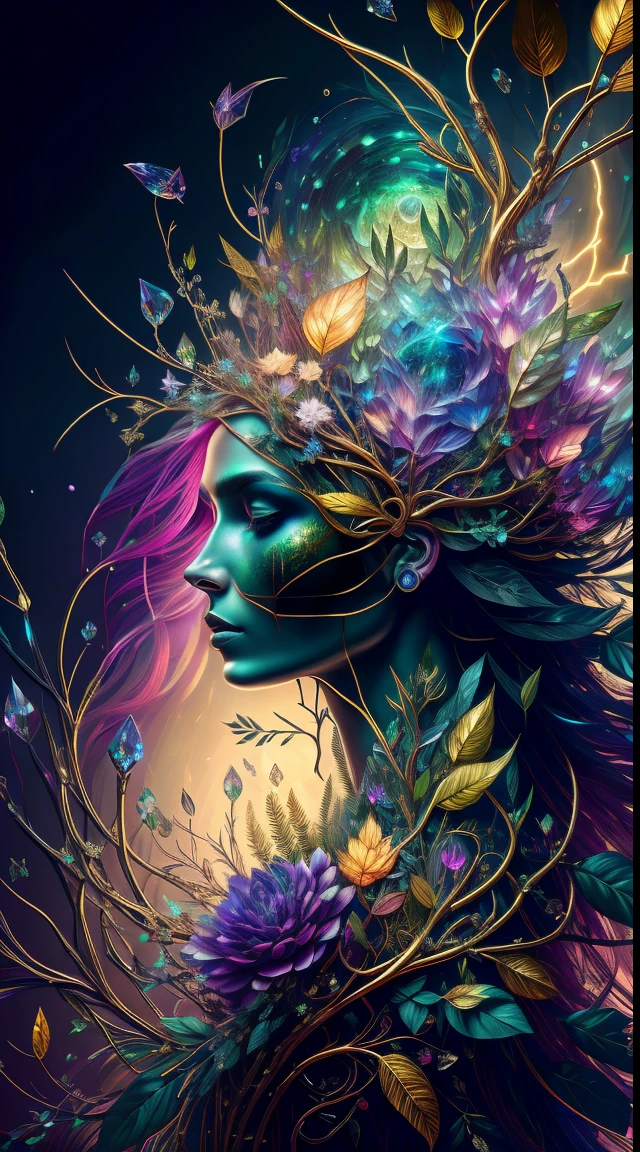 Plant Maiden，Vine Princess，Witch of Thorns，Beautiful line art photo，Use gold strokes and rainbow paint，Golden Maiden，the golden ratio，Melted wax，Visible brush strokes，surrounded by crystal spheres，3D Mosaic Wireframe，neuroimaging，neurons，The Tree of Life，colours，California，intense emotion，oil on the canvas，Thick strokes，insanely details，8k ultra high definition，tmasterpiece，art  stations，ultra-realistic realism，plant witch，Vine Queen，Witch of Thorns