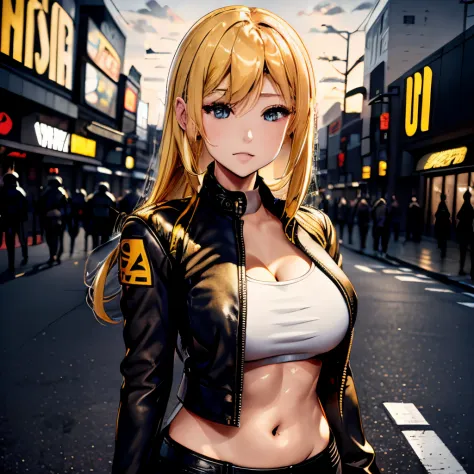 girl with a perfect body, yellow hair, black leather jacket, a motorcycle stands next to her, urban setting, anime style