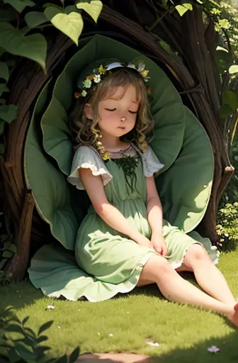 (masterpiece:1.2), (Best quality:1.2), Perfect lighting, cute style symmetric, tiny girl perfect sleep in a giant plant leaf flower, sleep curl up, front frontal view, face european caucasian, poster style epic, fullbody, wearing  herbal decor cloth light night dress, no crop,