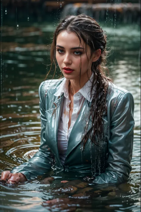 woman in a business suit is sitting in the water, dark woollen suit, white blouse, loose tie, closeup fantasy with water magic, ...