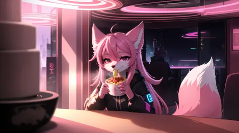 cyberpunk fox, beautiful light and shadow on light pink hair and childish face、dining atmosphere lighting effects 、ultra-fine fu...