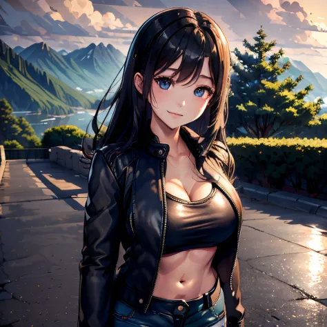girl with a perfect body, black leather jacket, blue shorts, mountains, summer, light rain, anime style