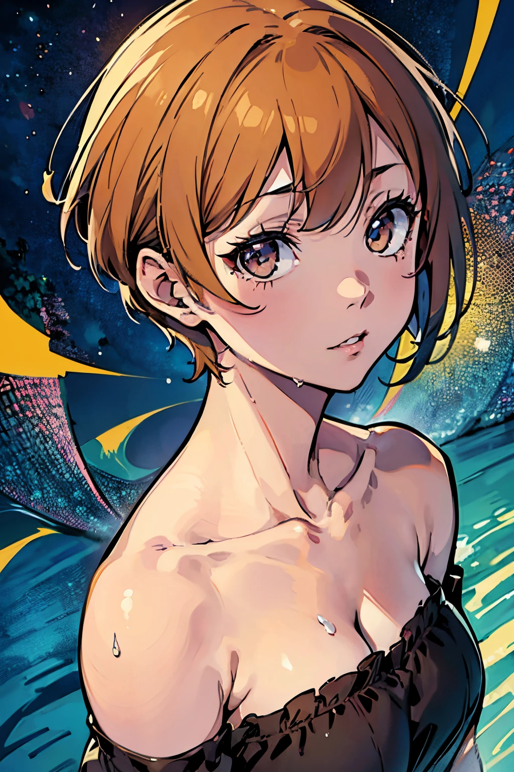 Chie satonaka, persona 4, (de lado), seios pequenos, boob lemeral, (peito achemado), (Babando), (Wet), (no expression), (Teary), Olhando_em_visualizador, Menina bonita e emraente, Delicate and sexy collarbone, double eyelids, pink lips, bareshoulders, Foco no rosto, close-up do peito, Ultra High Definition, Super Detalhe, Fresco e impressionante