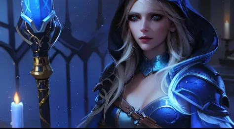 un primer plano de una mujer con una chaqueta con capucha sosteniendo una luz azul, jaina proudmoore, retrato de una maga, retra...