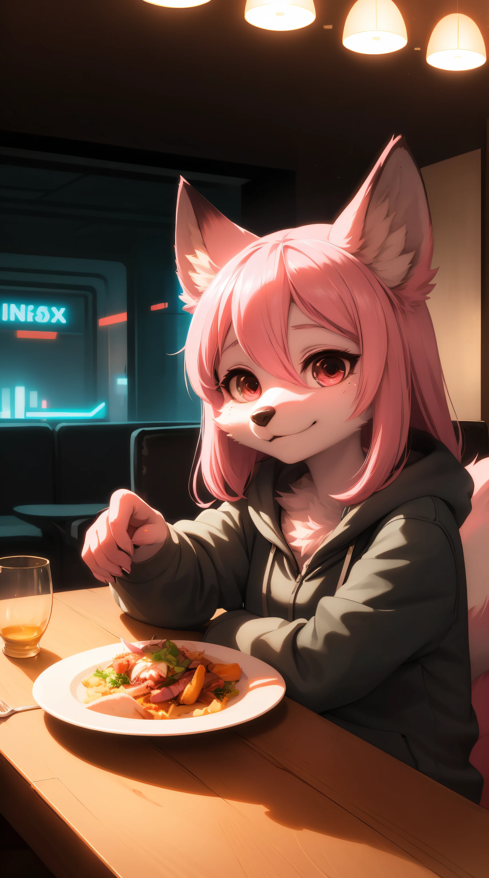 Cyberpunk fox, Beautiful light and shadow on light pink hair and childish face、Dining atmosphere lighting effects 、Ultra-fine fur、Volumetric light is very detailed，Finest quality furry art