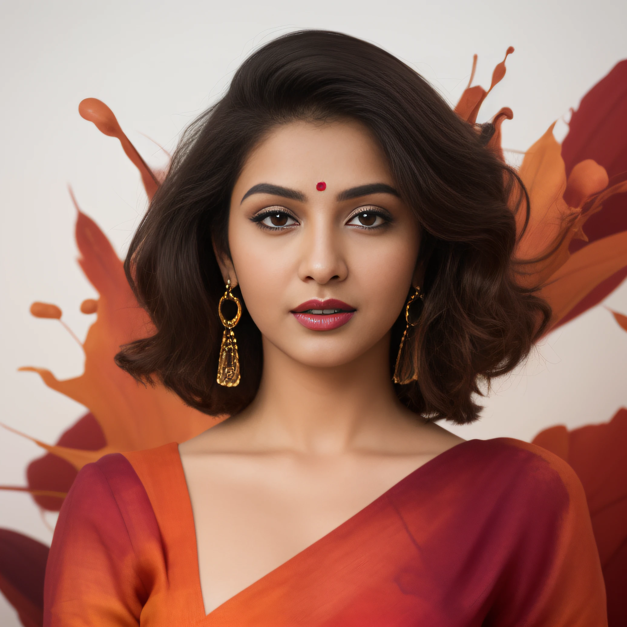 Day scene, close up photo of a indian from top view, (Masterpiece, Best Quality, High Resolution), evening Background, ((Paint Splash, Color Splash, Splash of Ink, Color Splash)), Sweet indian female actress, hour glass body shape,maroon lips, white blouse, lightly makeup,ultra realistic, realistic, look at viewer (cinematic:1.3), intricate details, (ArtStation:1.2)