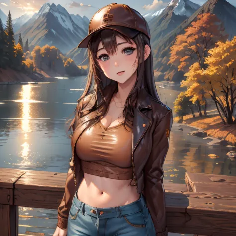 girl with a perfect body, brown leather jacket, blue shorts, cap on her head, mountains, autumn, light rain, anime style