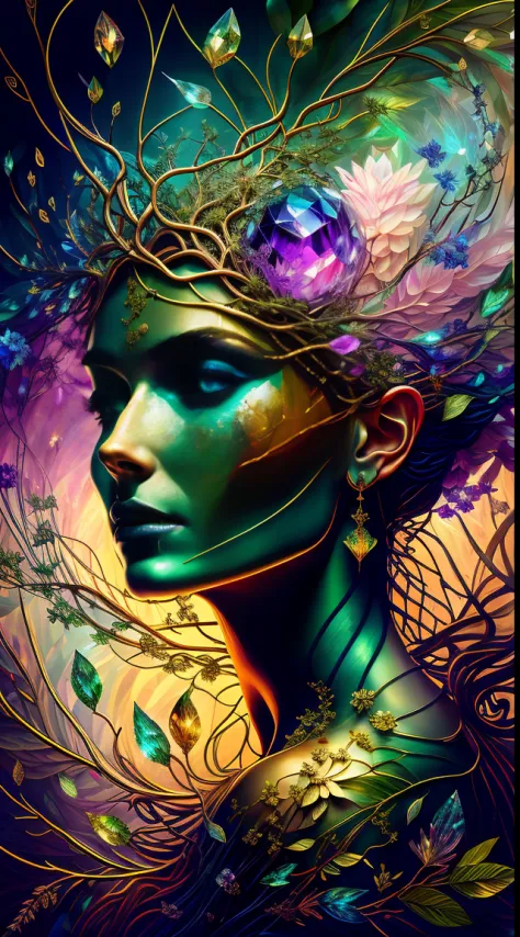 Plant Maiden，Vine Princess，Witch of Thorns，Beautiful line art photo，Use gold strokes and rainbow paint，Golden Maiden，the golden ...