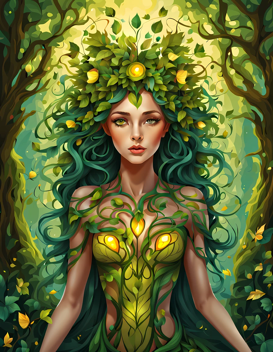 (symmetrical:1.3), (cute cartoon style:1.3), (solo:1.3), beautiful (((dryad inside a tree))) stands tall amidst a symphony of vibrant flora, (adorned with intricate flowing vines and leaves), she radiates an aura of strength and grace, her eyes reflect a deep connection with the natural world, gentle breezes rustle through her verdant crown, she stands as a beacon of harmony, a guardian of the earth's precious ecosystems, ((moonlit)) forest clearing, ((fireflies)), (absurdes:1.5), More Detail