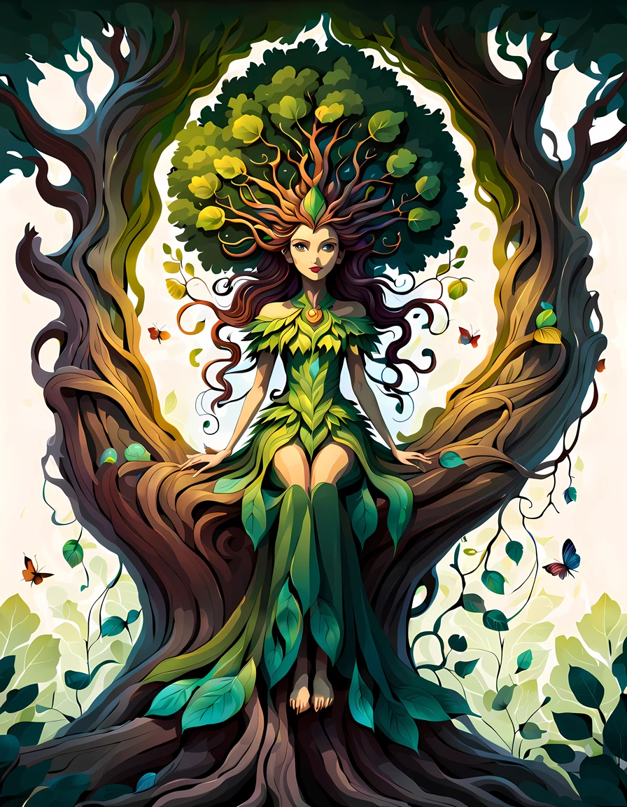 (symmetrical:1.3), (cute cartoon style:1.3), (solo:1.3), beautiful (((dryad inside a tree))) stands tall amidst a symphony of vibrant flora, (adorned with intricate flowing vines and leaves), she radiates an aura of strength and grace, her eyes reflect a deep connection with the natural world, gentle breezes rustle through her verdant crown, she stands as a beacon of harmony, a guardian of the earth's precious ecosystems, ((moonlit)) forest clearing, ((fireflies)), More Detail