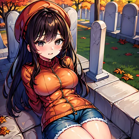 girl with a perfect body, brown leather jacket, blue shorts, cap on her head, cemetery, autumn, light rain, anime style