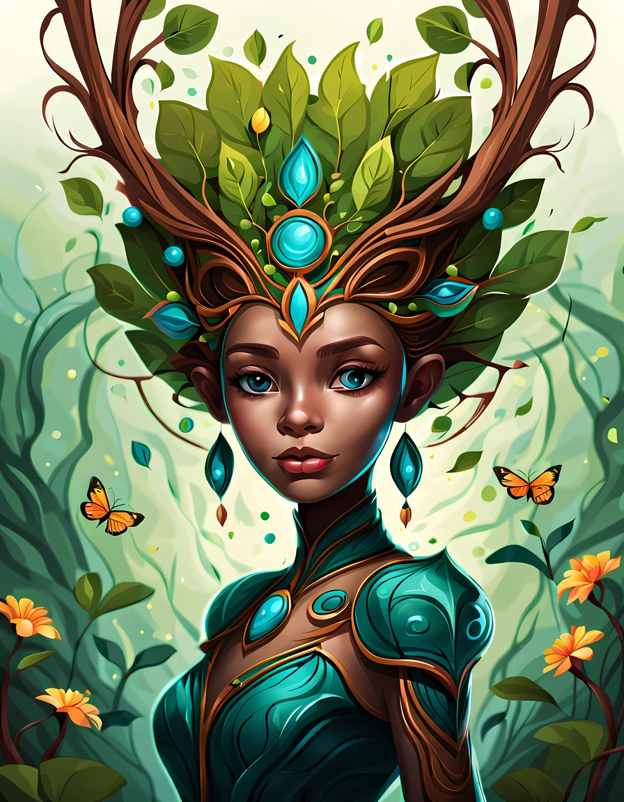 (symmetrical:1.3), (cute cartoon style:1.3), (solo:1.3), beautiful (((female treant))) stands tall amidst a symphony of vibrant flora, (adorned with intricate flowing vines and leaves), she radiates an aura of strength and grace, her eyes reflect a deep connection with the natural world, gentle breezes rustle through her verdant crown, she stands as a beacon of harmony, a guardian of the earth's precious ecosystems, moonlit forest clearing, ((fireflies)), More Detail