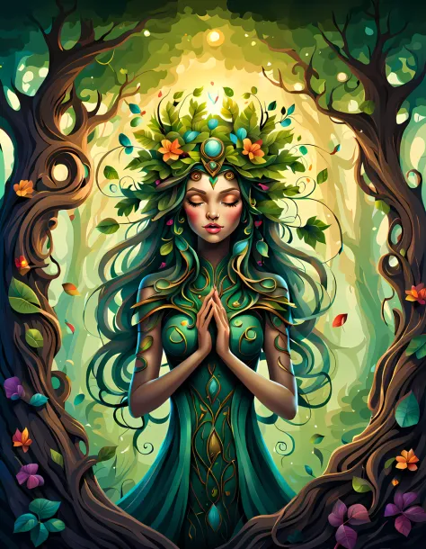 (symmetrical:1.3), (cute cartoon style:1.3), (solo:1.3), beautiful (((dryad inside a tree))) stands tall amidst a symphony of vi...