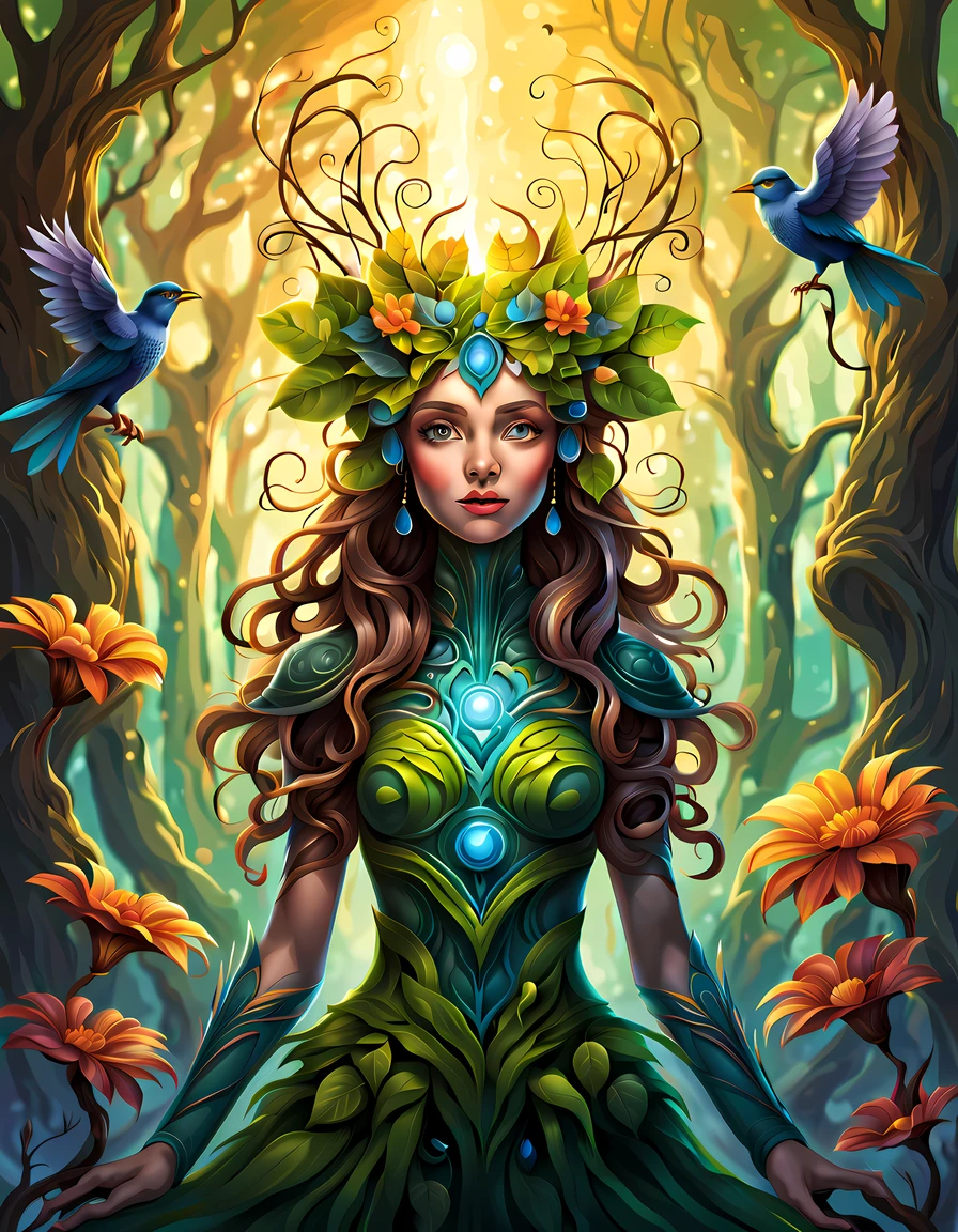 (symmetrical:1.3), (cute cartoon style:1.3), (solo:1.3), beautiful dryad stands tall amidst a symphony of vibrant flora, (adorned with intricate flowing vines and leaves), she radiates an aura of strength and grace, her eyes reflect a deep connection with the natural world, while her ((outstretched arms casting glowing healing rays)), as gentle breezes rustle through her verdant crown, she stands as a beacon of harmony, a guardian of the earth's precious ecosystems, sunlit forest clearing, rainbow behind the head, birds in the air, More Detail