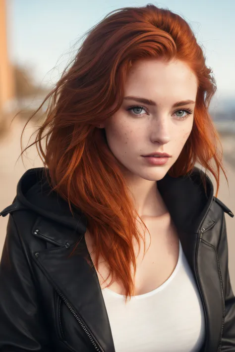 a photo of a seductive woman with loose styled (redhead hair:1.1), bored, she is wearing a hoodie and black leather jacket and l...